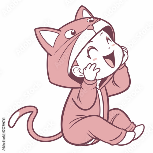 Vector art of happy little child in a pink cat costume