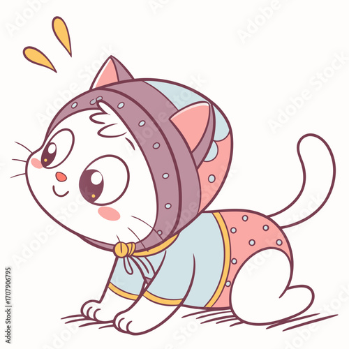 Vector art of cute kitten in a bonnet, adorable cartoon character