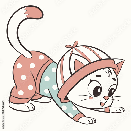 Vector art of cartoon kitten in pajamas is stretching out