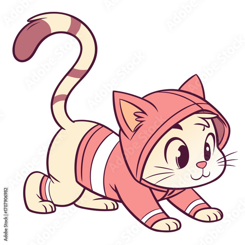 Vector art of cartoon kitten in hoodie is stretching out