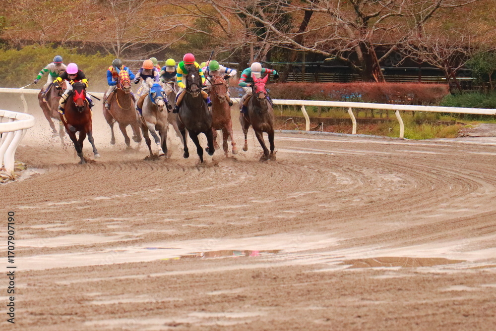 Naklejka premium Horse Racing Action on Dirt Trackダートコースを駆け抜ける競走馬