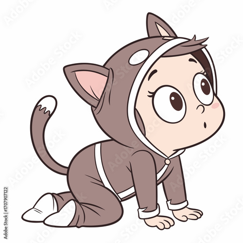 Vector art of surprised baby in a cat costume crawling