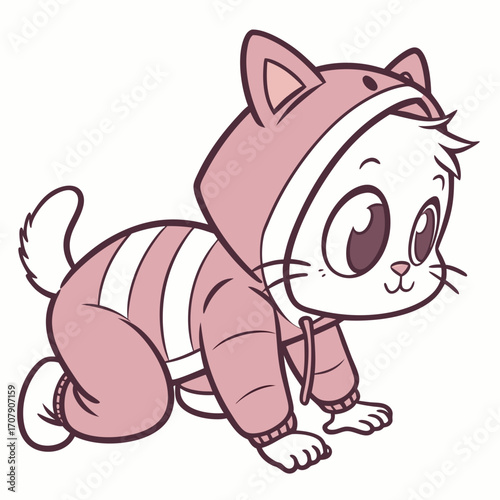 Vector art of cute kitten in striped pajamas crawling