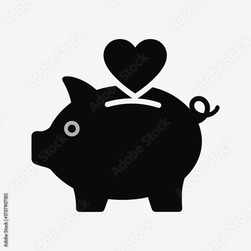 Black silhouette of piggy bank with heart on white background saving money