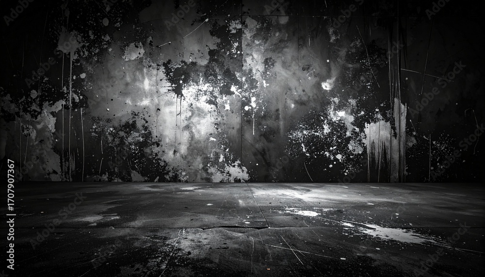 Obraz premium Dark Grunge Room with Abstract Paint Splatters on Concrete Wall and Floor