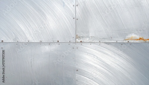 Industrial background of four riveted metal plates with a brushed texture and rust