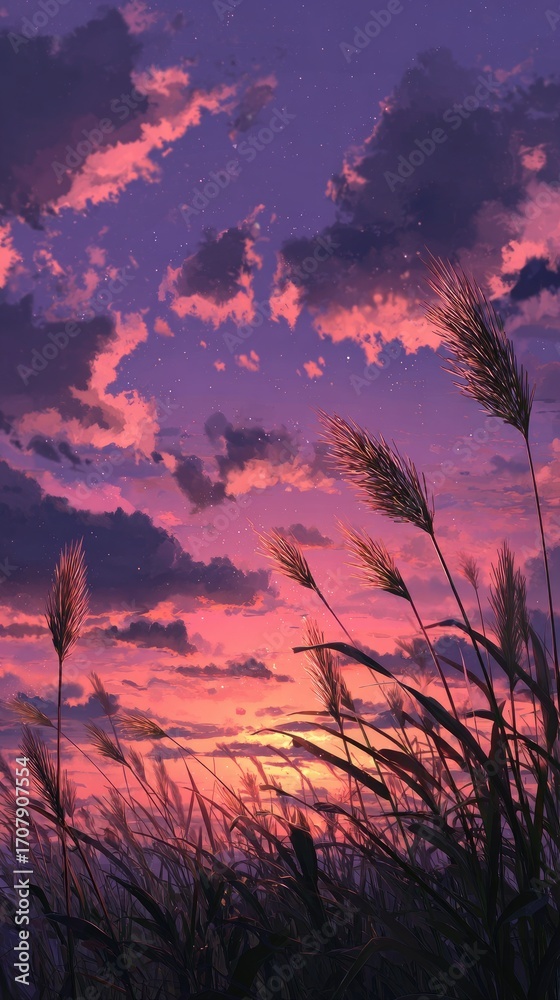 Fototapeta premium A vibrant sunset painted across a dusky sky, casting warm hues upon tall grasses swaying gently in the breeze. The sun's glow partially obscured by clouds