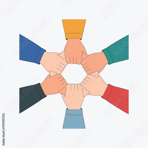 Diverse hands clasped together in a circle forming unity and teamwork Keywords: hands, clasped