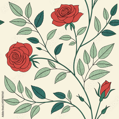 Vector art of seamless pattern with red roses, buds and leaves on a light background