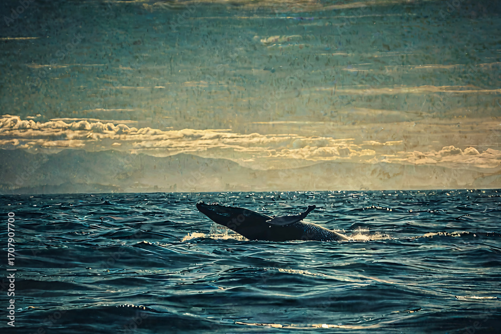Fototapeta premium Majestic Humpback Whale Swimming in Sunlit Ocean Depths