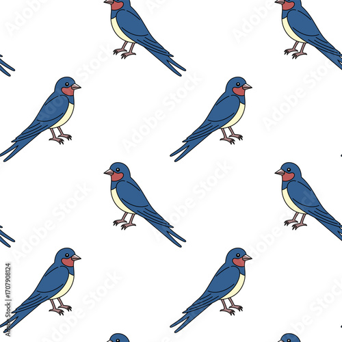 Swallow seamless pattern in cartoon style. Outline illustration. Hand drawn doodle swallow. Spring birds vector. Vector