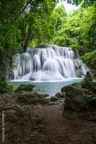 Lush jungle waterfall at Huay Mae Khamin national park, Tier 3 Wang Na Pha, Kanchanaburi, Thailand