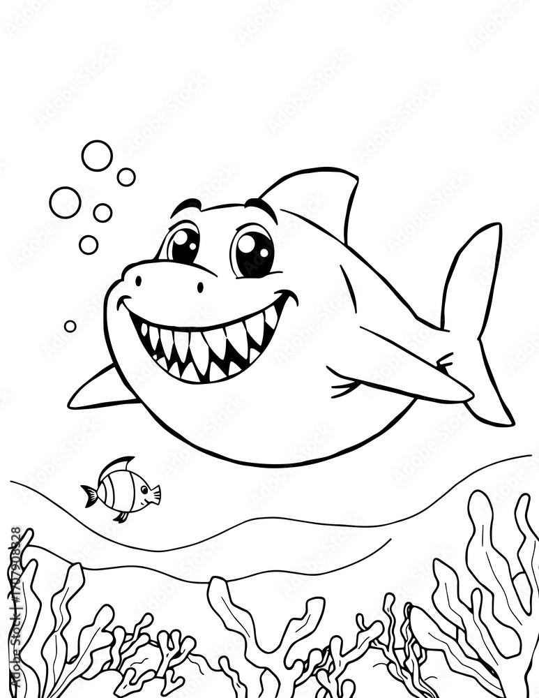 Obraz premium Cute Smiling Shark Underwater Scene colouring page
