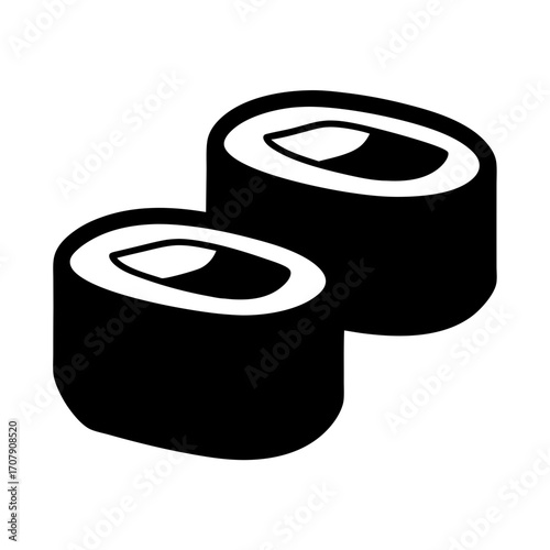 Minimalist black and white depiction of two pieces of delicious sushi rolls