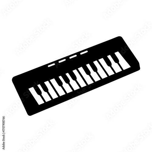 Graphic illustration of a small toy piano keyboard in a simple black design