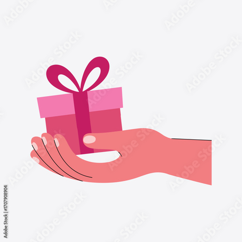Hand offering a pink gift box with a red ribbon on a white background Keywords: hand, offering, gift
