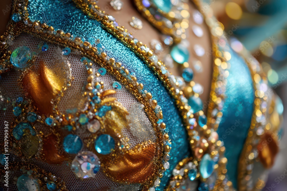 Obraz premium Captivating details of a samba costume highlight the vibrant colors and intricate embellishments during a cultural festival celebration in Brazil's carnival season