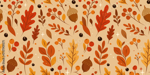 Autumn Seamless Pattern of Berries Acorns and Leaves