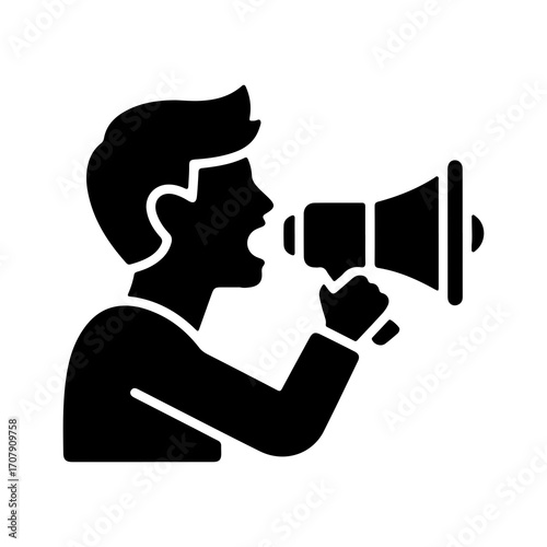 Black silhouette icon of a person shouting into a megaphone, symbolizing communication, announcement, or public address.