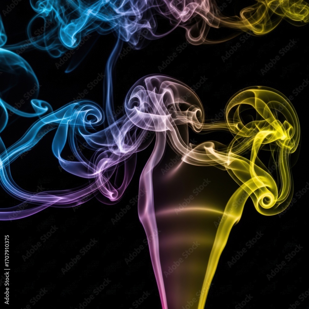 Naklejka premium Colorful smoke plumes rising and swirling against a dark black background texture