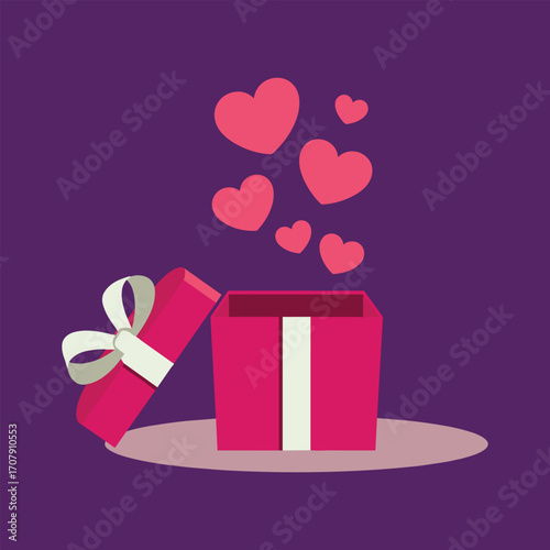 Open Pink Gift Box Releasing Pink Hearts Against Purple Background present