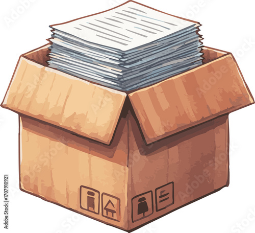 Vector watercolor painted illustration of a cardboard box with a stack of papers inside