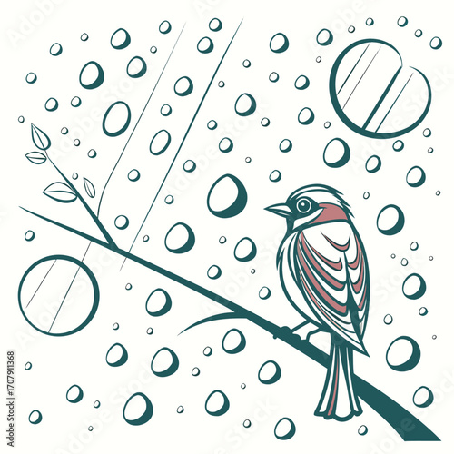 Bird Perched on a Branch in the Rain A Little Bird in a Rainstorm Rainy Day Vector with a Bird Artistic Illustration of a Bird and Raindrops
