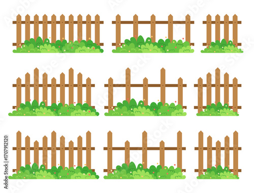 Set of wooden garden fences with lush green bushes and flowers, perfect for landscaping, garden design, and outdoor decoration projects.