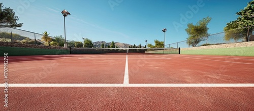 Scenic Tennis Court on a Sunny Day, Ready for an Exciting Match