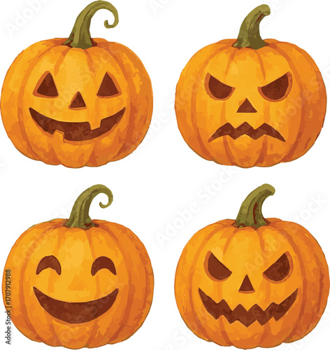 Collection of watercolor painted illustrations of halloween pumpkins each isolated