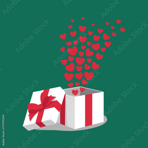 White Gift Box With Red Ribbon Releasing Red Hearts Against Green Background present open