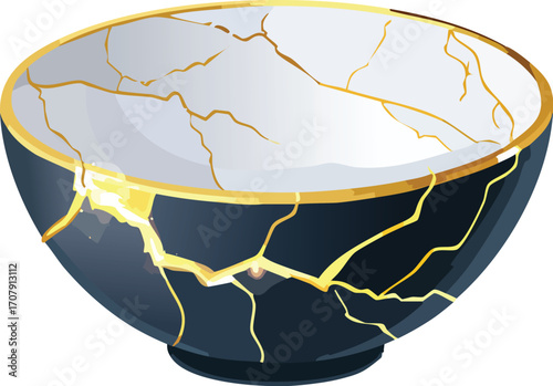 A beautiful dark bowl repaired with gold, in the Japanese Kintsugi style. A concept of finding beauty in imperfection and resilience. Generative AI