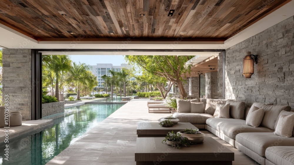 Fototapeta premium Luxurious outdoor living area with a pool and patio.