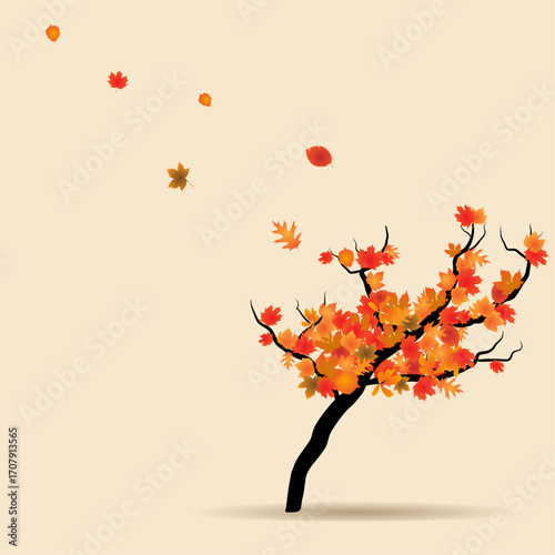 Windy Autumn or Fall tree with leaves blowing, Seasonal design element