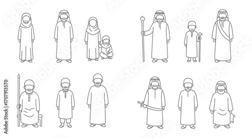 traditional attire figures depicted in various poses and settings