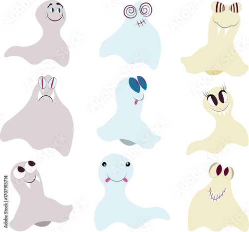 Cute funny ghosts in pastel colors and various faces and emotions. Perfect for Halloween themed educational  materials for children. 