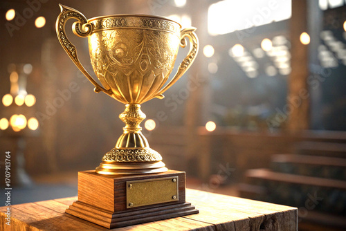 Golden Trophy Cup With Ornate Handles On Wooden Base Celebrating Victory