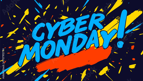 Cyber Monday Promotional Graphic with Blue and Yellow Splatter Effects