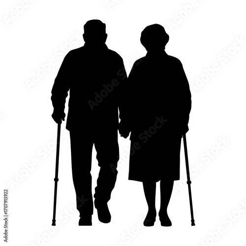 Elderly Couple Silhouette Walking with Canes Vector