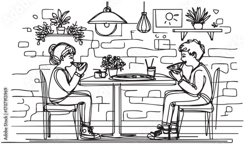 Boy and girl children eating pizza in cafe. Sketch. Doodles