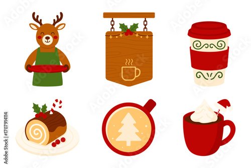 Festive Christmas Café and Holiday Treats with Reindeer Barista, Hot Drinks, Yule Log Dessert, and Cozy Seasonal Elements