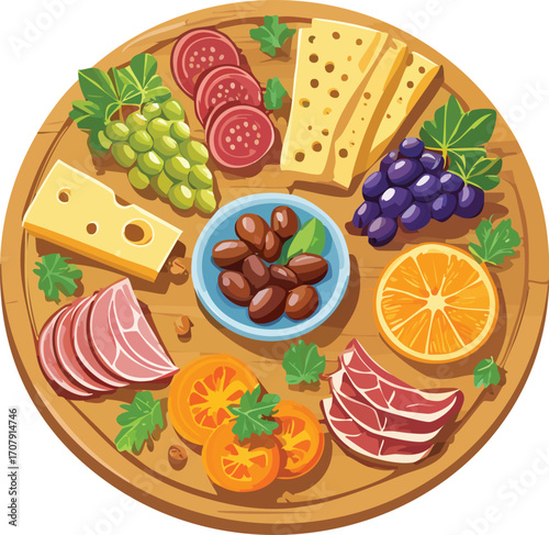 A gourmet charcuterie platter with various cheeses, cured meats, olives, and fruits. A beautiful vector illustration of a party appetizer board. Generative AI
