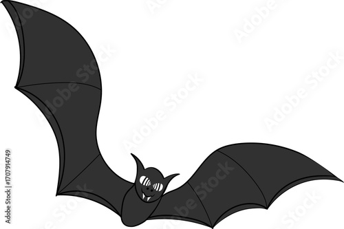 A stylized cartoon bat with a dark body and large, spooky wings. The black bat has sinister, striped eyes and a fanged grin, giving it a creepy, evil look.