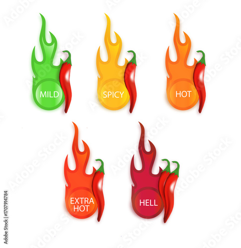 Chili spicy meter Paprika hot meter sign for label of product. Spicy food mild and extra hot sauce chili pepper red icons.