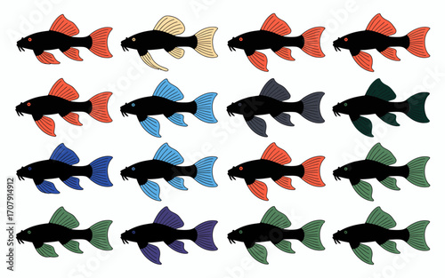 Vector art of colorful corydoras fish swimming in a group