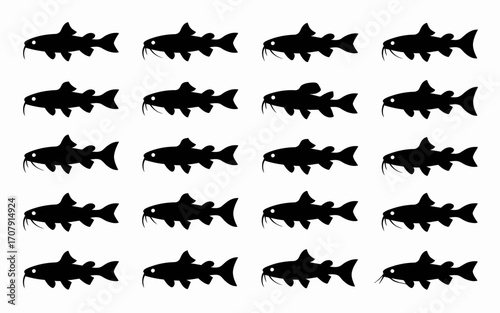 Vector art of silhouetted catfish swimming in a group