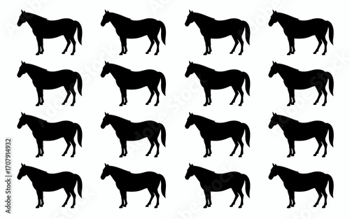 Vector art of silhouettes of horses standing in rows