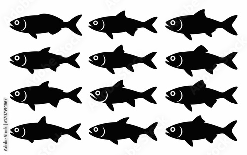 Vector art of silhouette of many fish in a pattern design