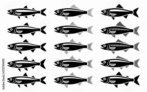 Vector art of collection of different fish in black color