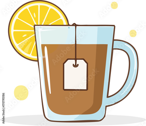 A simple, stylized mug of hot tea with a lemon slice and a tea bag. A clean vector icon for drink and cafe concepts. Generative AI